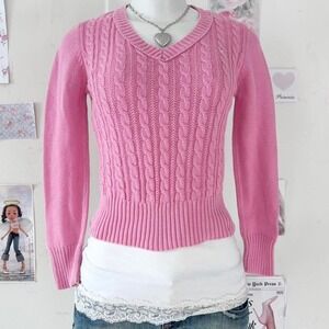Vintage Old Navy Pink Cable Knit V-Neck Sweater
